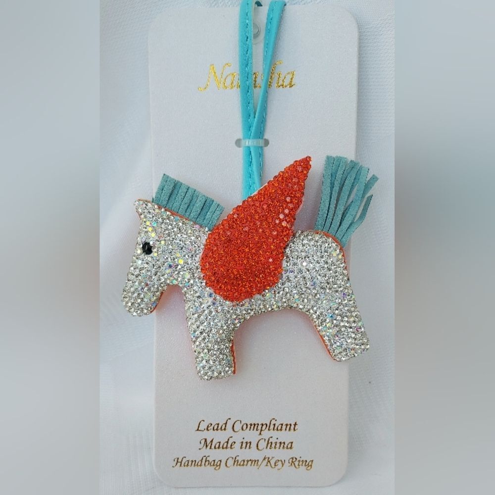 Pegusus Horse Reinstone Bag Charm/Keychain Accent with Orange Wings NWT - Picture 2 of 3